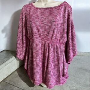 INC Women's Hot Pink Ruched Waist Bat Wing Short Sleeve Blouse Top Silver Thread